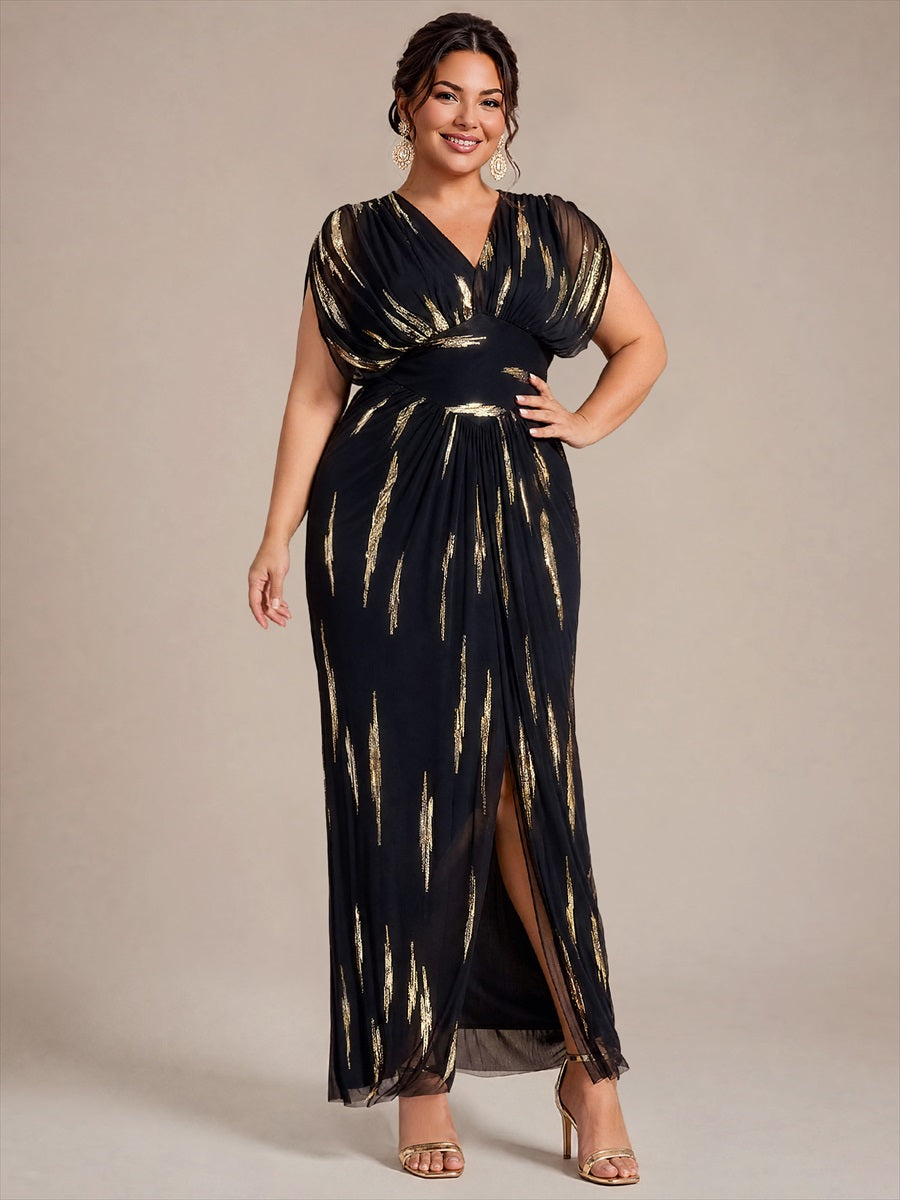 robe maxi bodycon à manches chauve-souris en sequins à col en V et manches courtes #Couleur_Noir / Or métallique