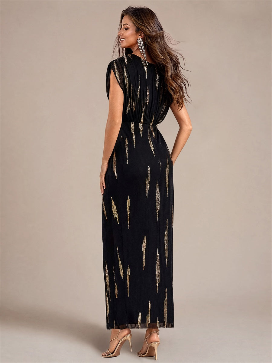 robe maxi bodycon à manches chauve-souris en sequins à col en V et manches courtes #Couleur_Noir / Or métallique