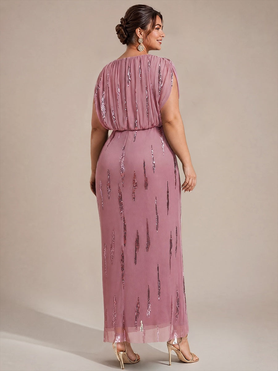 robe maxi bodycon à manches chauve-souris en sequins à col en V et manches courtes #Couleur_Orchidee