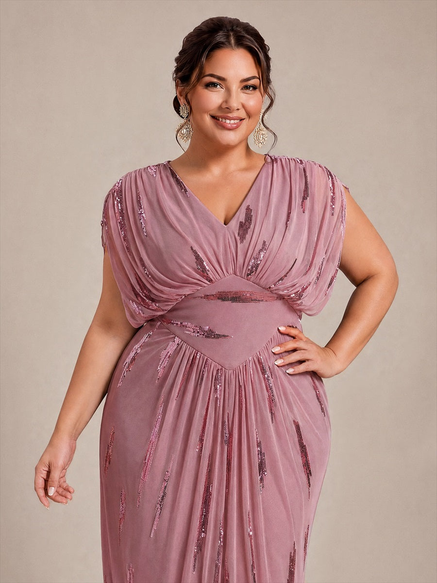robe maxi bodycon à manches chauve-souris en sequins à col en V et manches courtes #Couleur_Orchidee