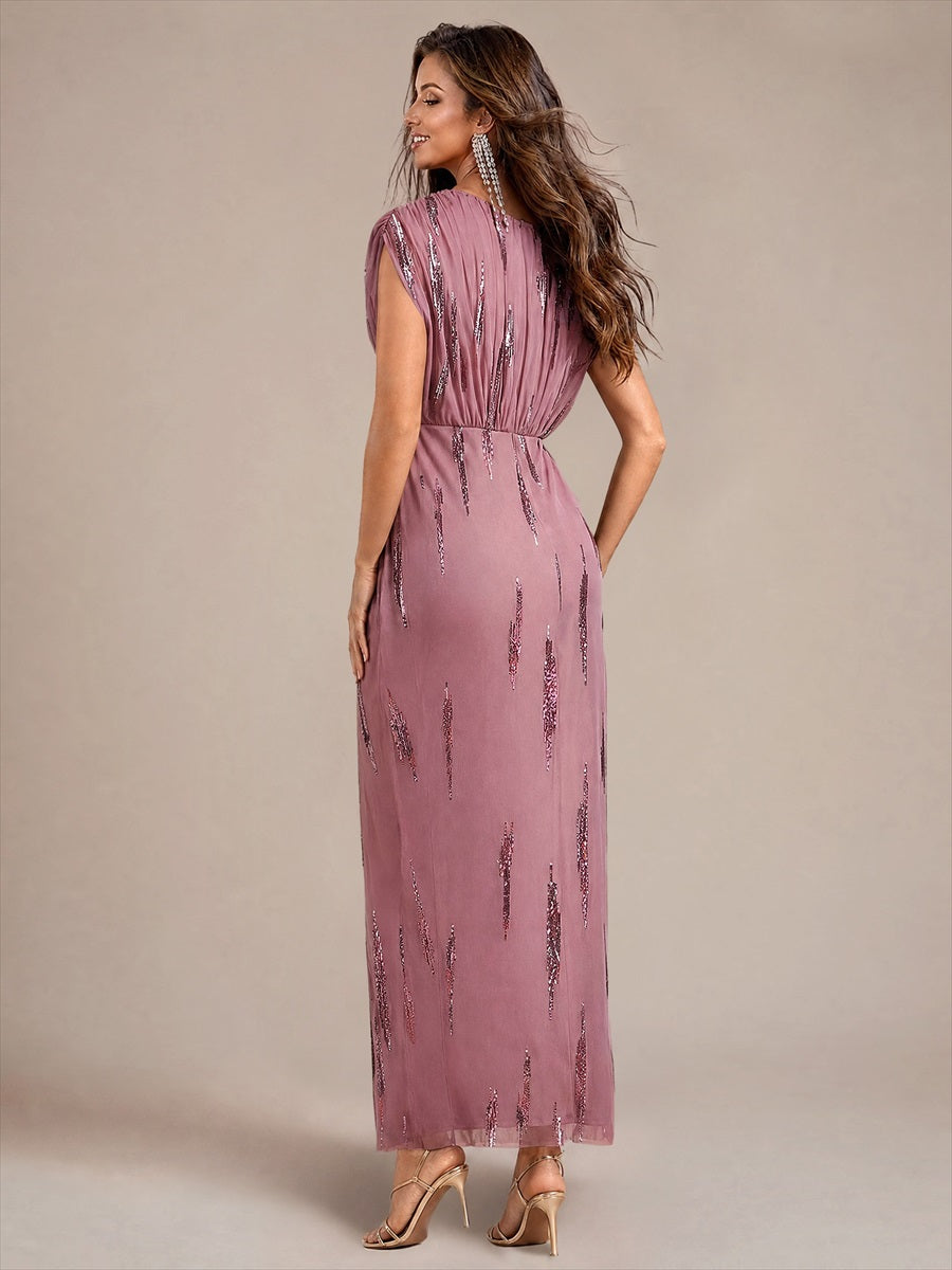 robe maxi bodycon à manches chauve-souris en sequins à col en V et manches courtes #Couleur_Orchidee