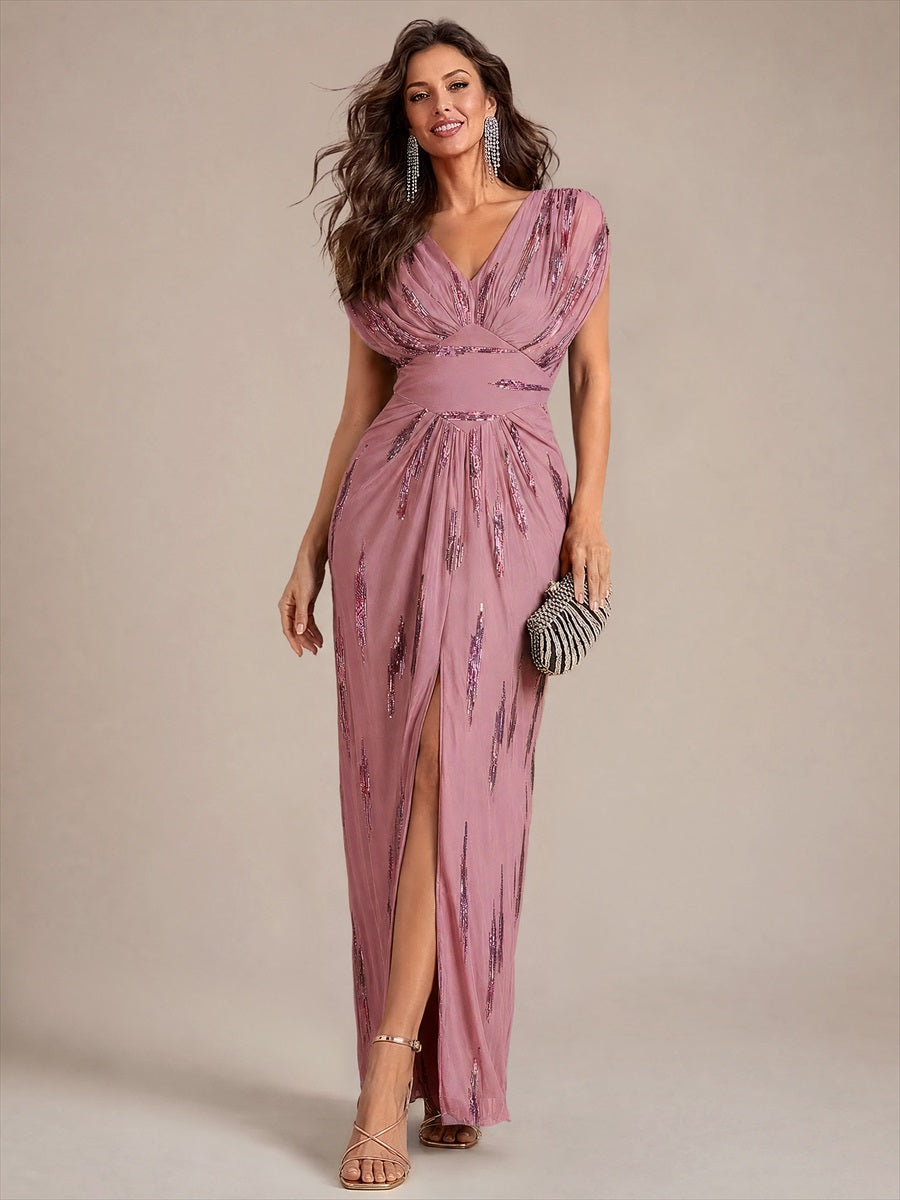 robe maxi bodycon à manches chauve-souris en sequins à col en V et manches courtes #Couleur_Orchidee