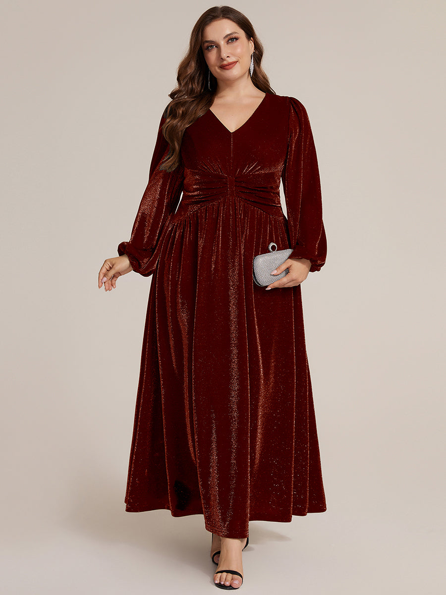 Robe maxi à manches longues en V avec manches bouffantes et coupe évasée en tissu extensible #Couleur_Bordeaux