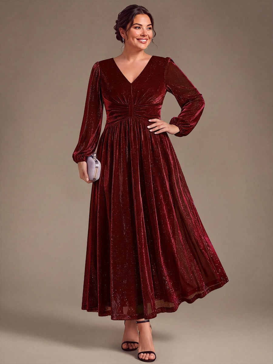 Robe maxi à manches longues en V avec manches bouffantes et coupe évasée en tissu extensible #Couleur_Bordeaux
