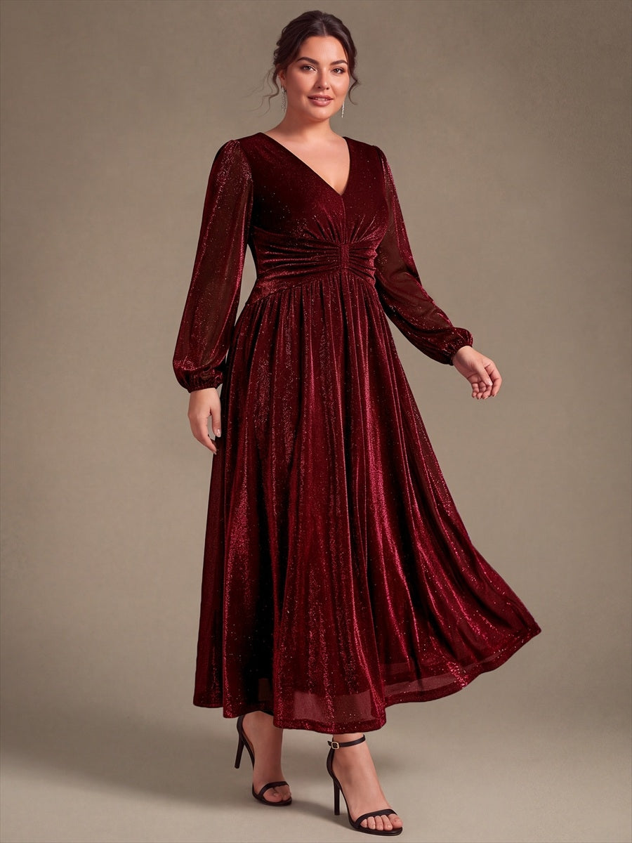 Robe maxi à manches longues en V avec manches bouffantes et coupe évasée en tissu extensible #Couleur_Bordeaux