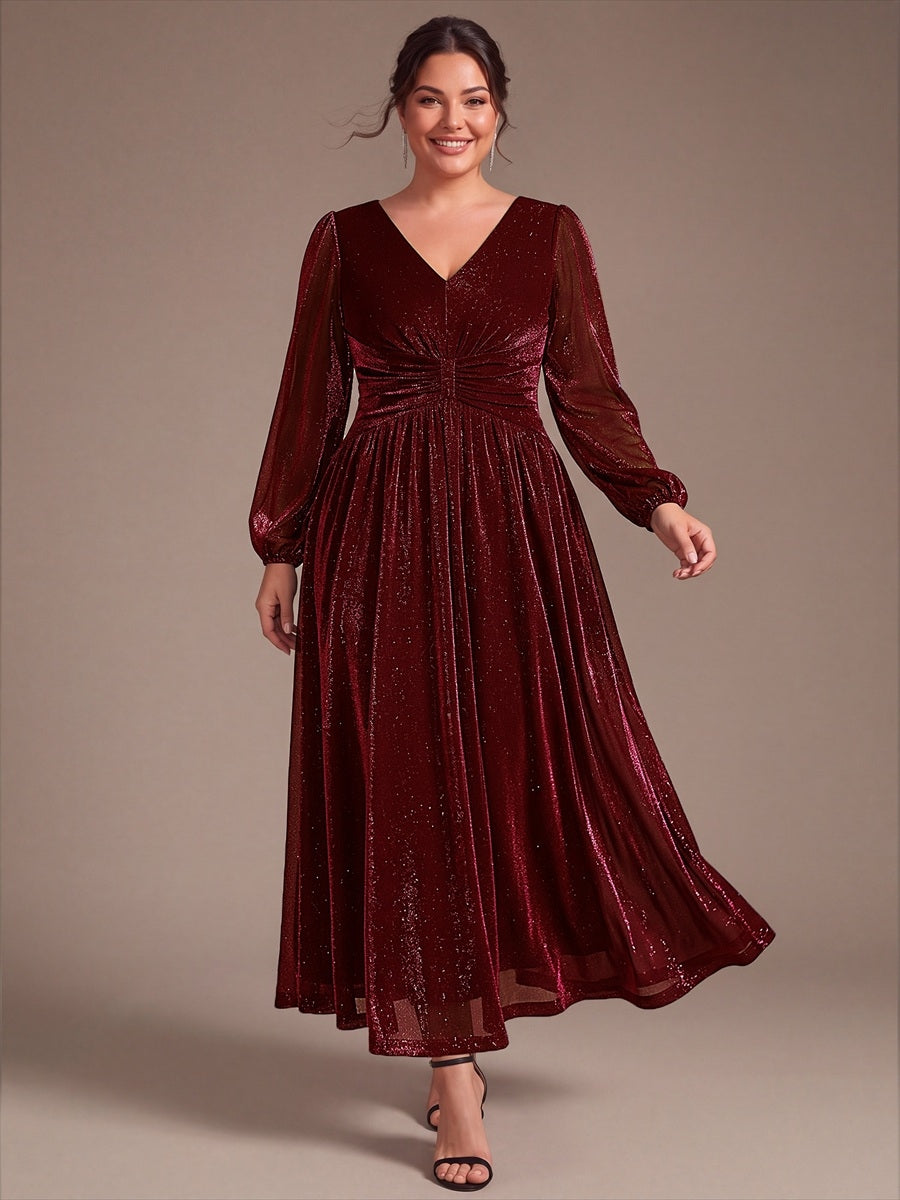 Robe maxi à manches longues en V avec manches bouffantes et coupe évasée en tissu extensible #Couleur_Bordeaux