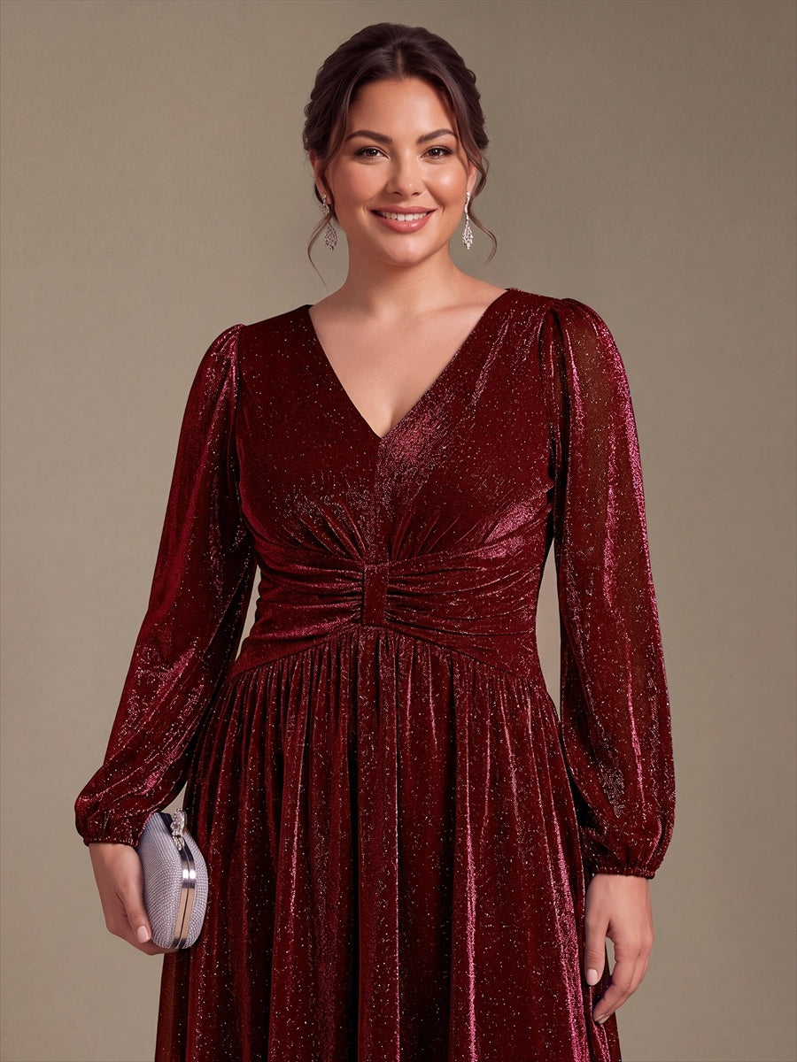 Robe maxi à manches longues en V avec manches bouffantes et coupe évasée en tissu extensible #Couleur_Bordeaux