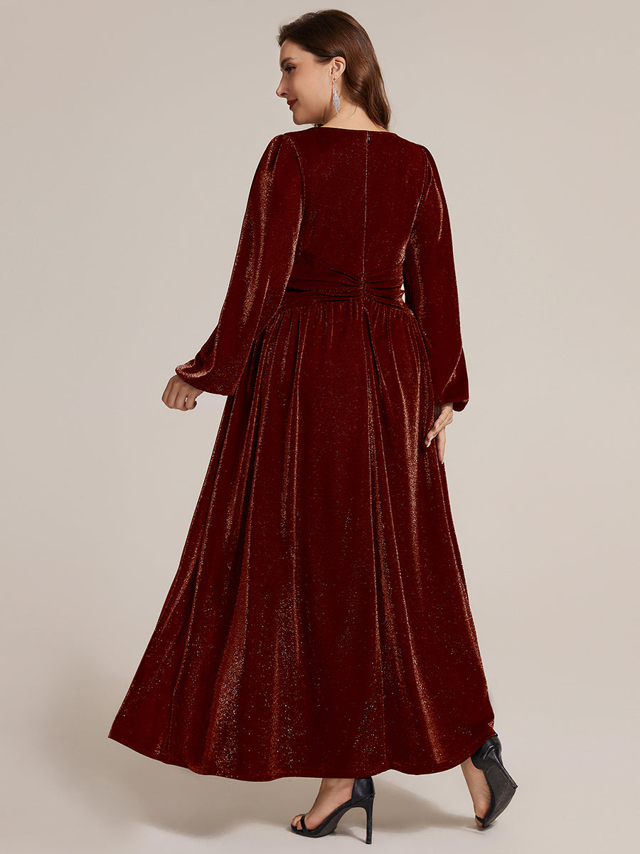 Robe maxi à manches longues en V avec manches bouffantes et coupe évasée en tissu extensible #Couleur_Bordeaux