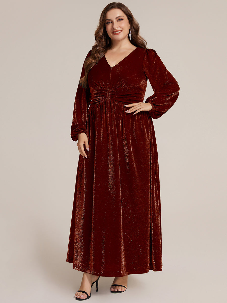 Robe maxi à manches longues en V avec manches bouffantes et coupe évasée en tissu extensible #Couleur_Bordeaux