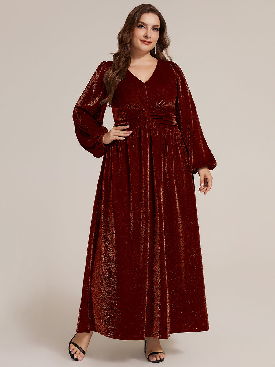Robe maxi à manches longues en V avec manches bouffantes et coupe évasée en tissu extensible #Couleur_Bordeaux