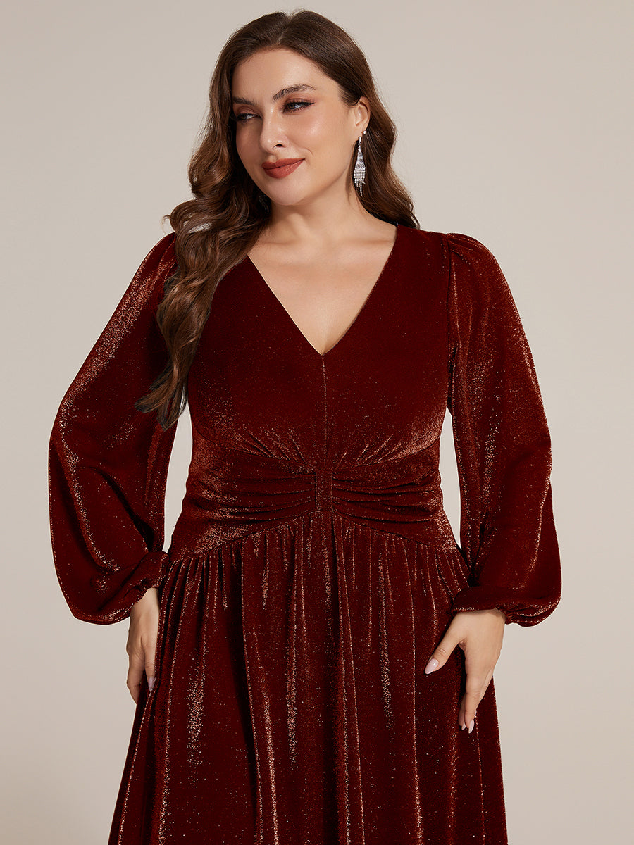 Robe maxi à manches longues en V avec manches bouffantes et coupe évasée en tissu extensible #Couleur_Bordeaux