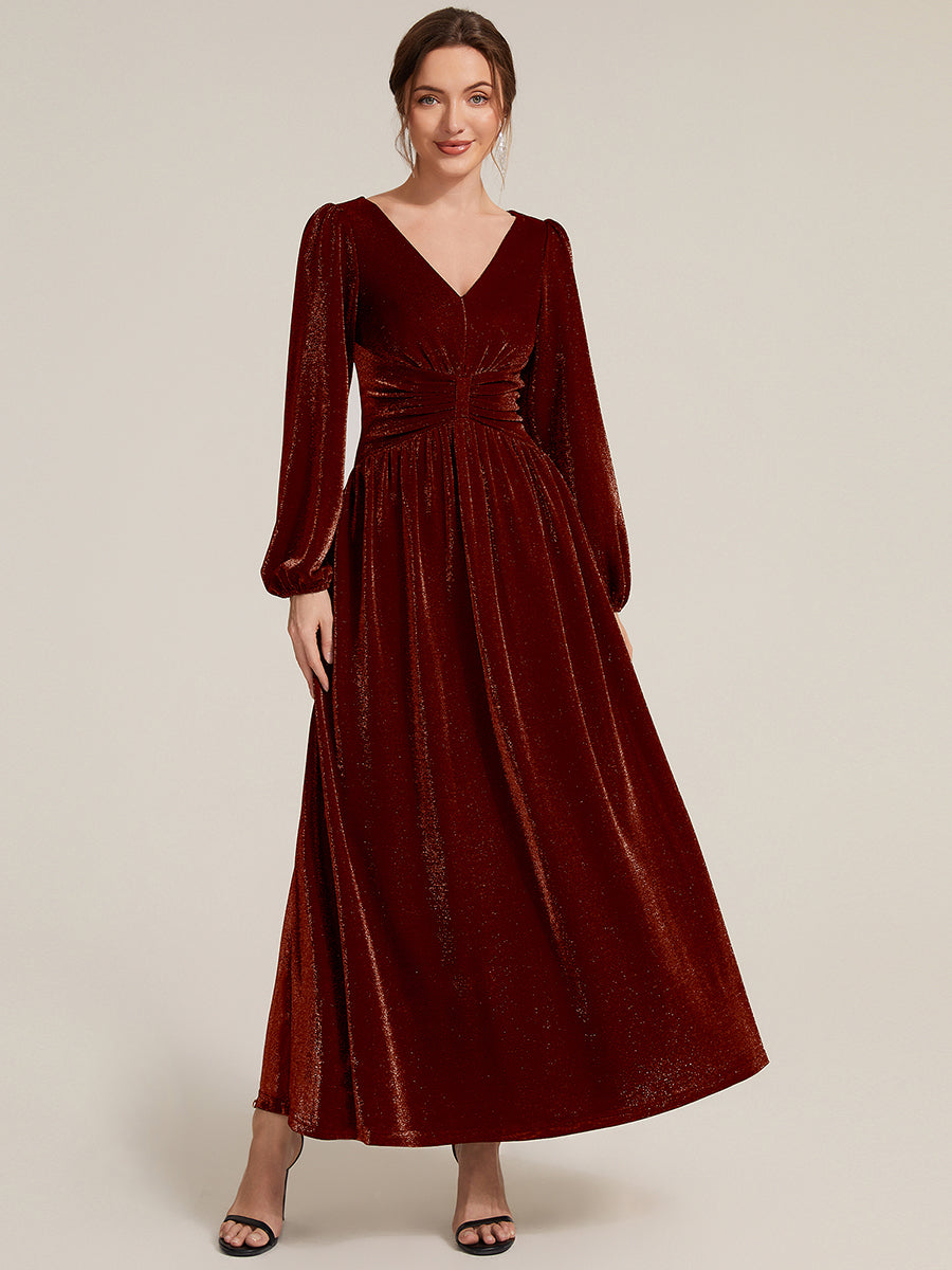 Robe maxi à manches longues en V avec manches bouffantes et coupe évasée en tissu extensible #Couleur_Bordeaux