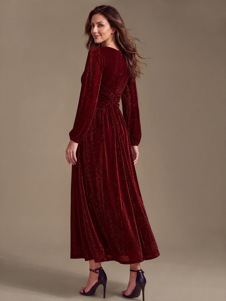 Robe maxi à manches longues en V avec manches bouffantes et coupe évasée en tissu extensible #Couleur_Bordeaux