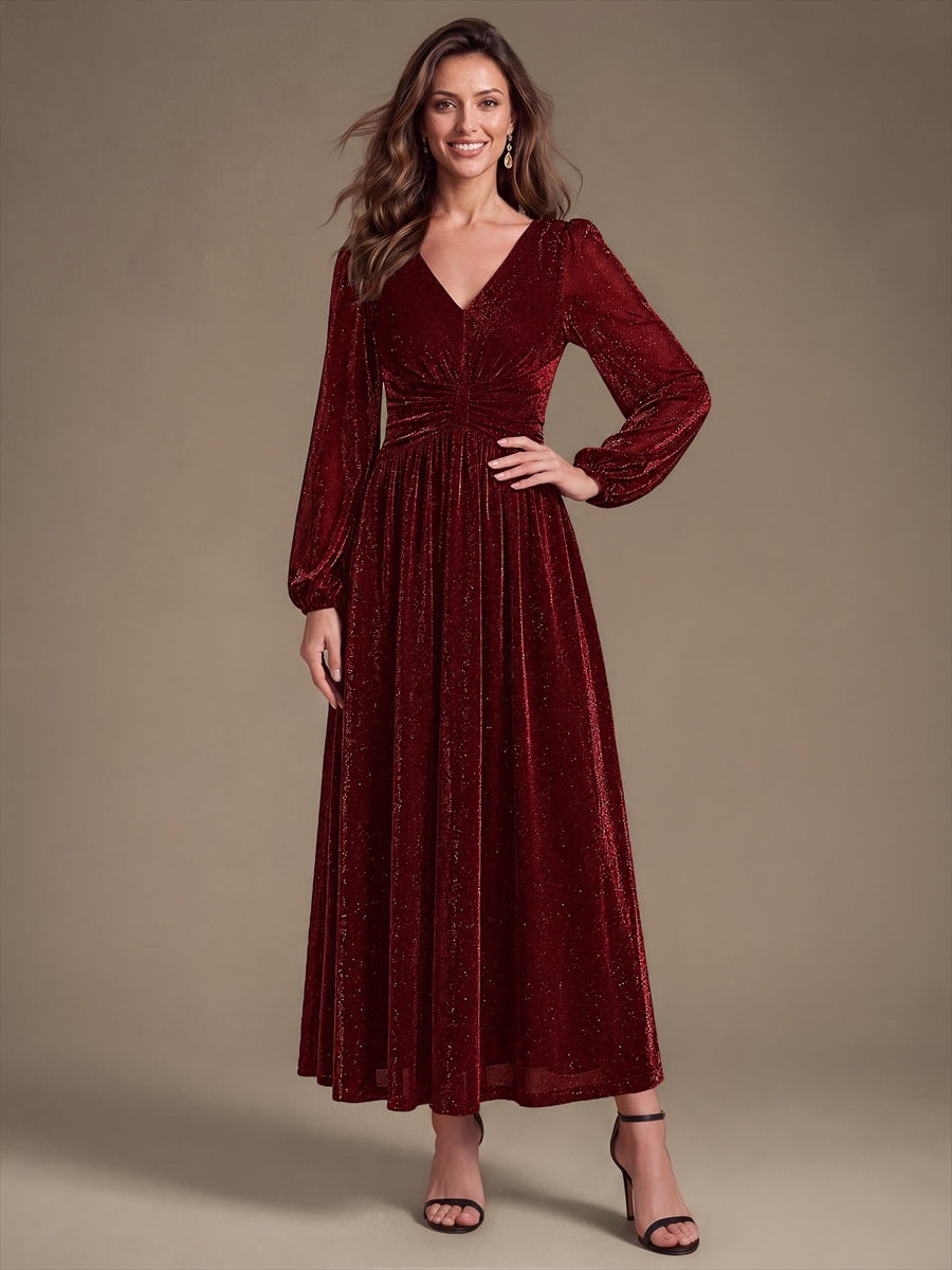 Robe maxi à manches longues en V avec manches bouffantes et coupe évasée en tissu extensible #Couleur_Bordeaux