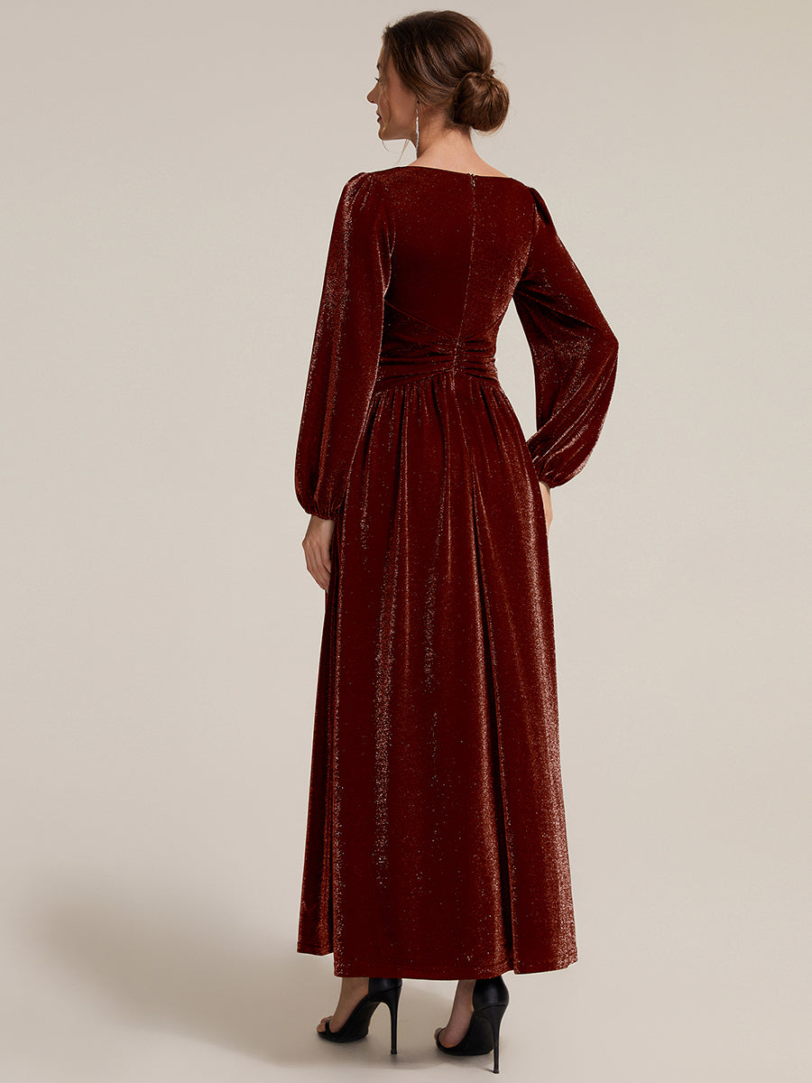 Robe maxi à manches longues en V avec manches bouffantes et coupe évasée en tissu extensible #Couleur_Bordeaux