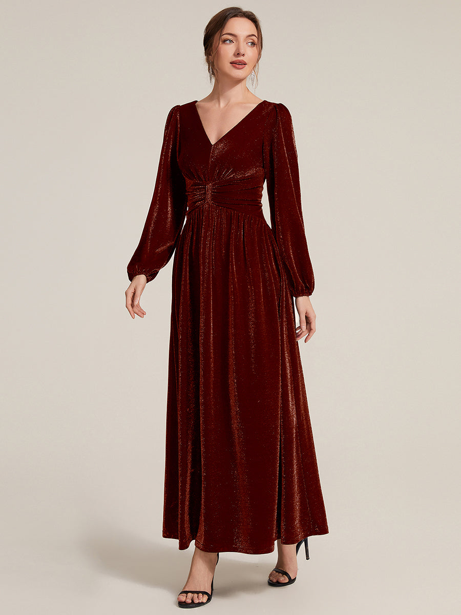 Robe maxi à manches longues en V avec manches bouffantes et coupe évasée en tissu extensible #Couleur_Bordeaux
