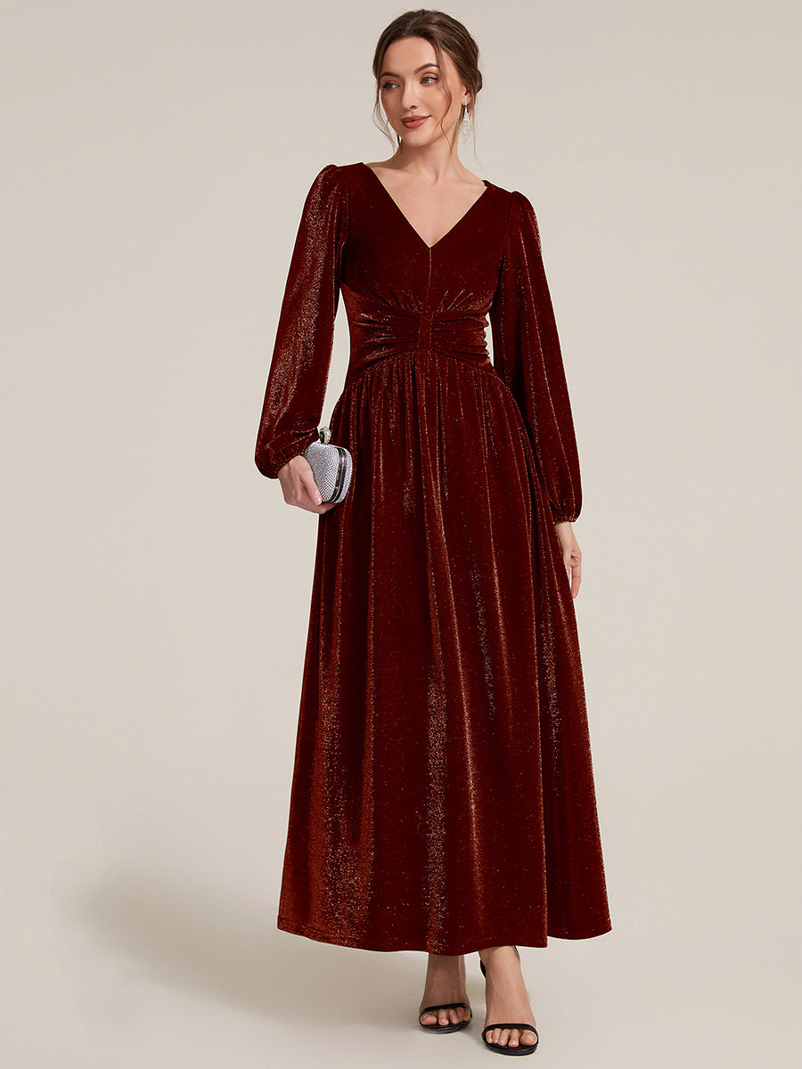 Robe maxi à manches longues en V avec manches bouffantes et coupe évasée en tissu extensible #Couleur_Bordeaux