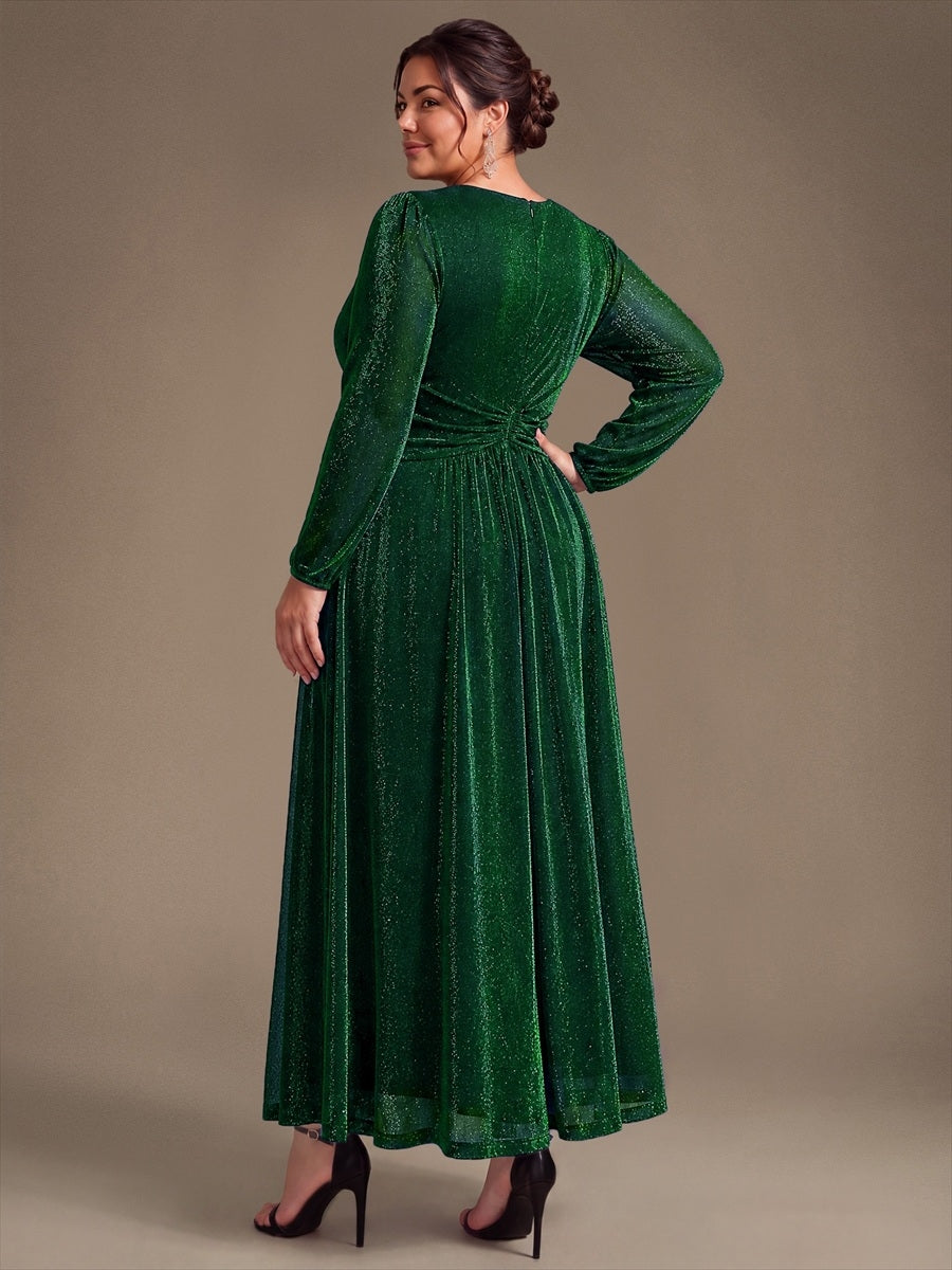 Robe maxi à manches longues en V avec manches bouffantes et coupe évasée en tissu extensible #Couleur_Vert Fonce