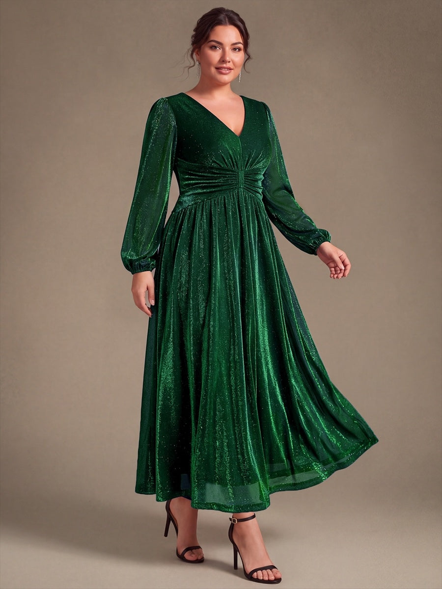 Robe maxi à manches longues en V avec manches bouffantes et coupe évasée en tissu extensible #Couleur_Vert Fonce