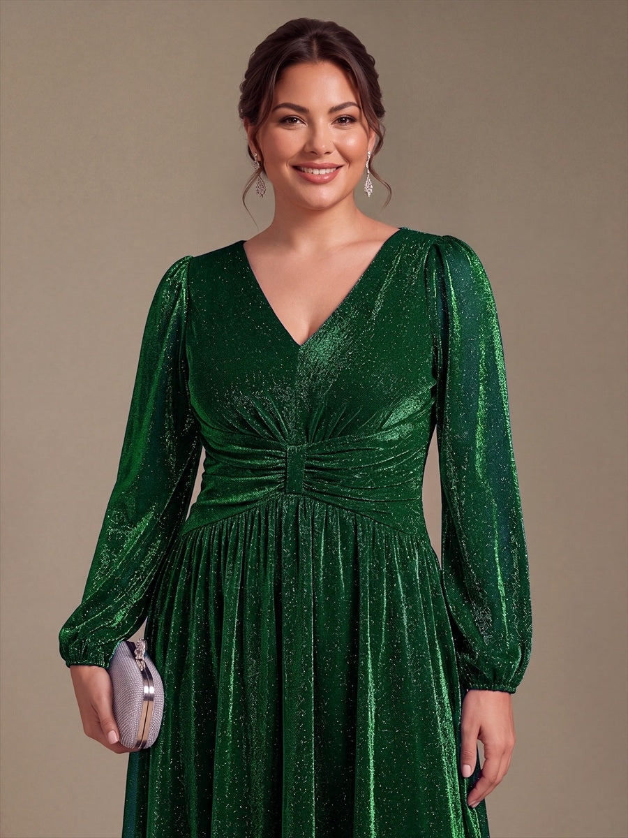 Robe maxi à manches longues en V avec manches bouffantes et coupe évasée en tissu extensible #Couleur_Vert Fonce