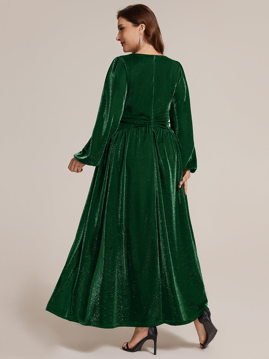 Robe maxi à manches longues en V avec manches bouffantes et coupe évasée en tissu extensible #Couleur_Vert Fonce