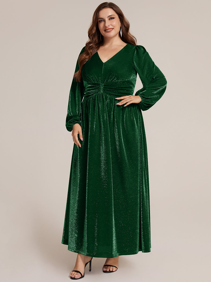 Robe maxi à manches longues en V avec manches bouffantes et coupe évasée en tissu extensible #Couleur_Vert Fonce
