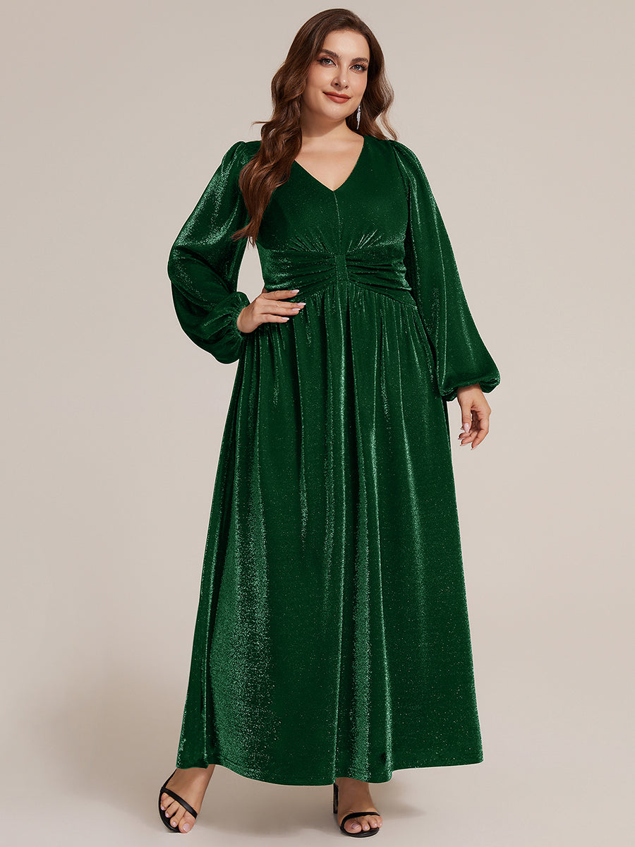 Robe maxi à manches longues en V avec manches bouffantes et coupe évasée en tissu extensible #Couleur_Vert Fonce