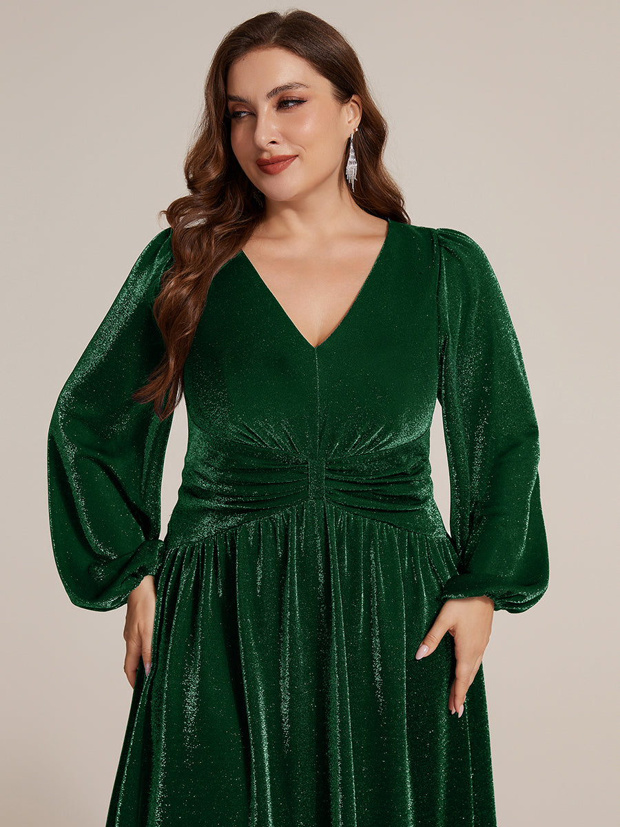 Robe maxi à manches longues en V avec manches bouffantes et coupe évasée en tissu extensible #Couleur_Vert Fonce