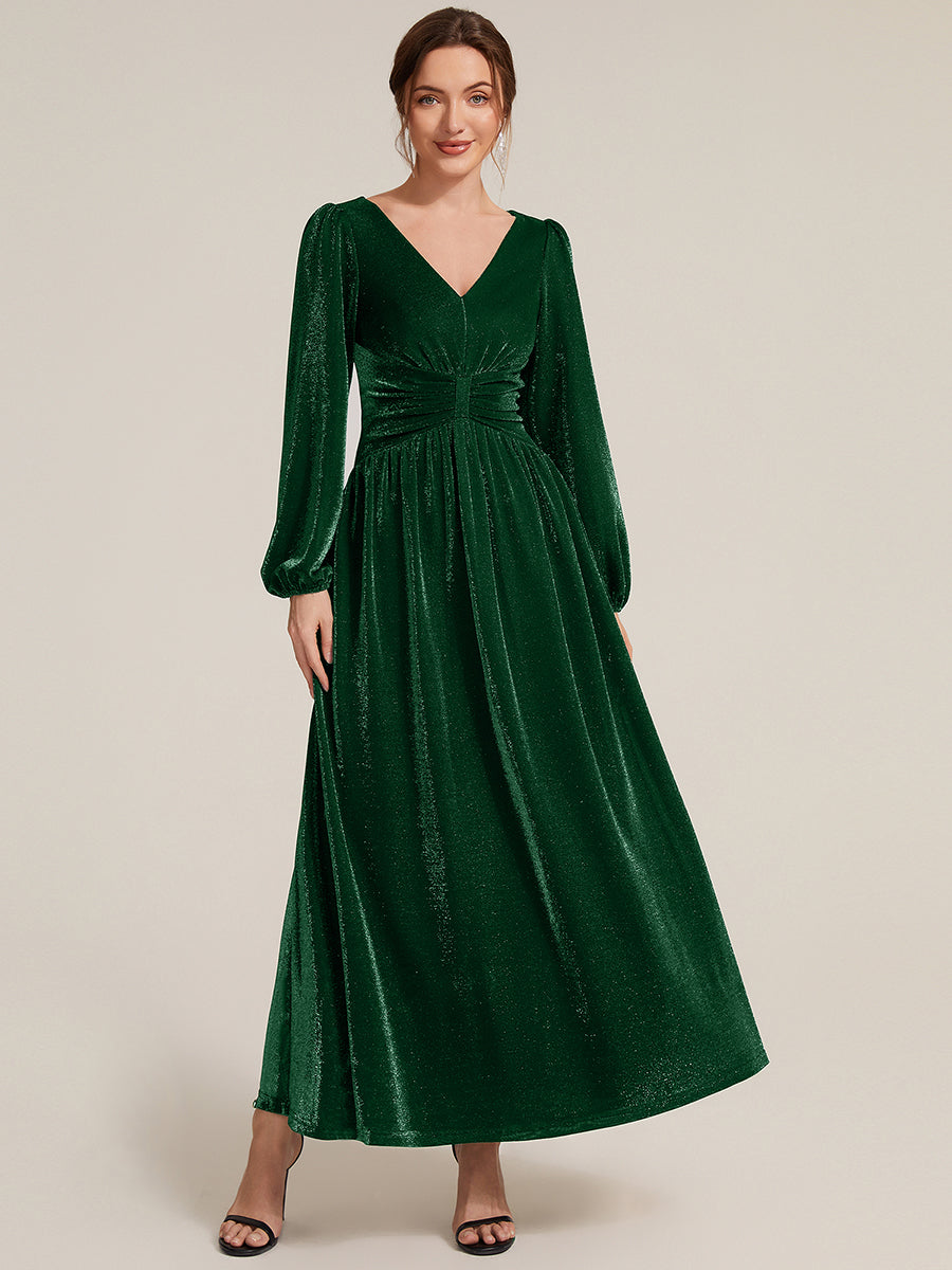 Robe maxi à manches longues en V avec manches bouffantes et coupe évasée en tissu extensible #Couleur_Vert Fonce