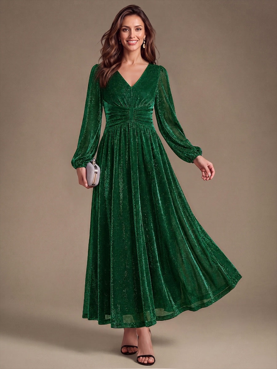 Robe maxi à manches longues en V avec manches bouffantes et coupe évasée en tissu extensible #Couleur_Vert Fonce