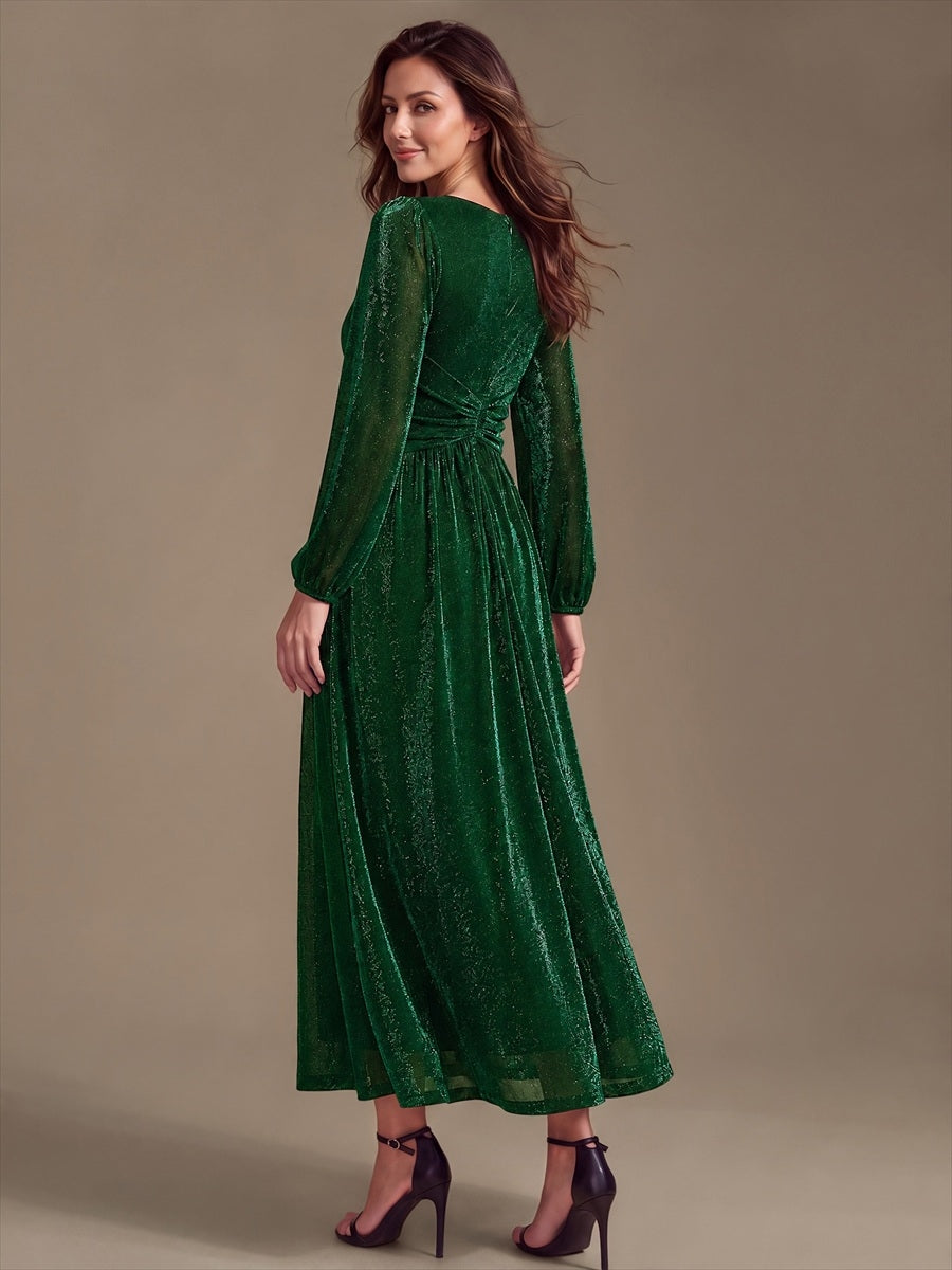 Robe maxi à manches longues en V avec manches bouffantes et coupe évasée en tissu extensible #Couleur_Vert Fonce