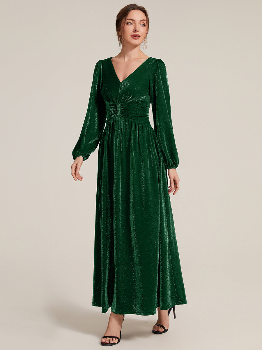 Robe maxi à manches longues en V avec manches bouffantes et coupe évasée en tissu extensible #Couleur_Vert Fonce