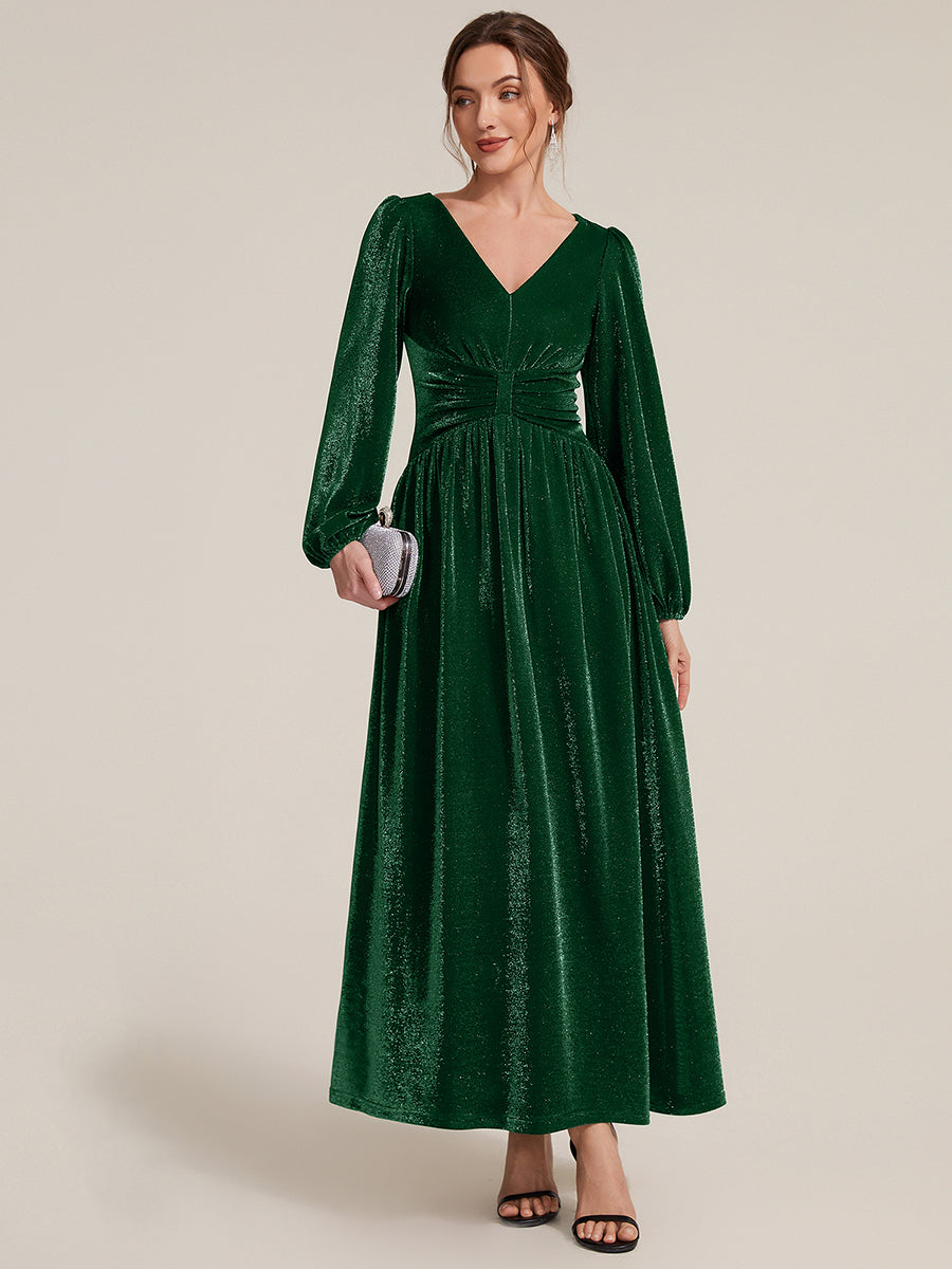 Robe maxi à manches longues en V avec manches bouffantes et coupe évasée en tissu extensible #Couleur_Vert Fonce