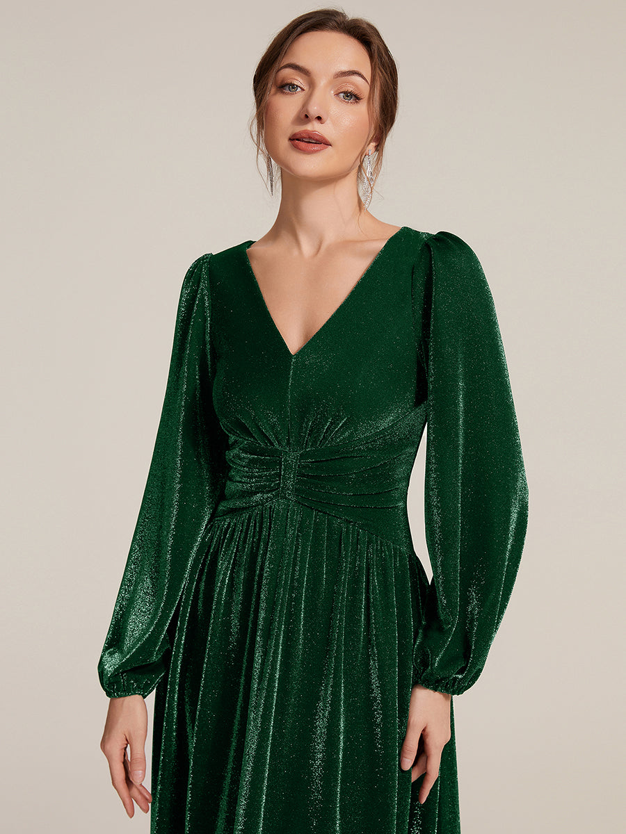 Robe maxi à manches longues en V avec manches bouffantes et coupe évasée en tissu extensible #Couleur_Vert Fonce