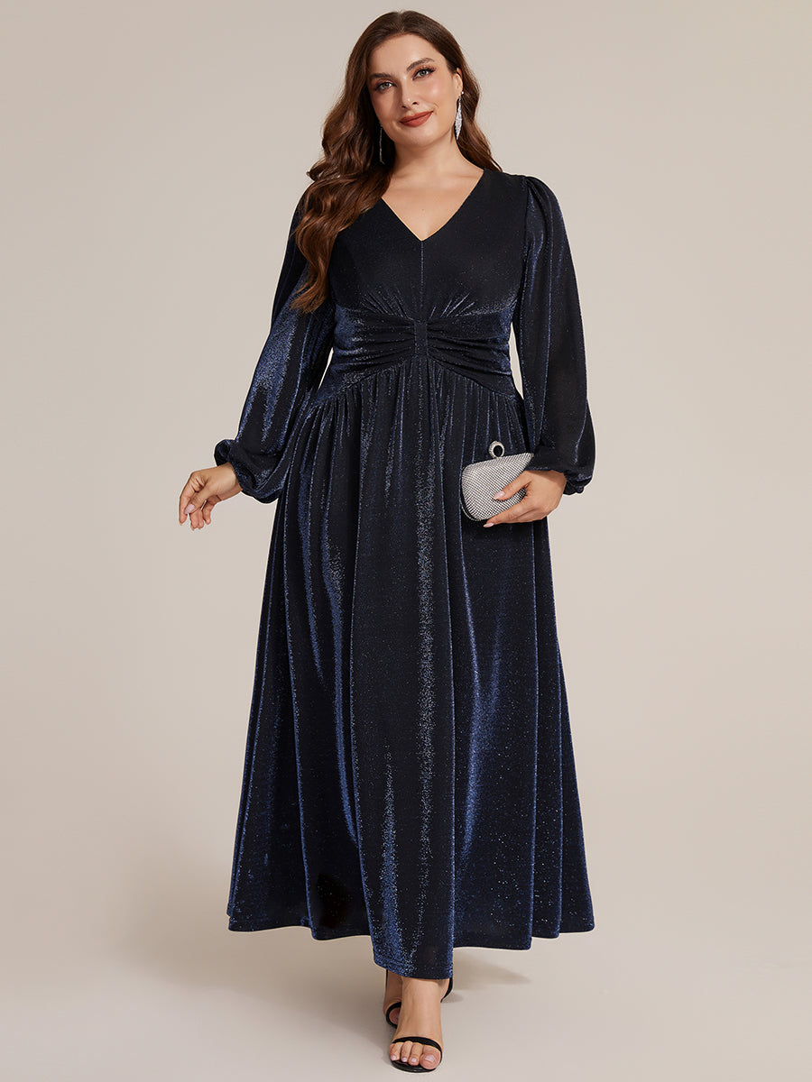 Robe maxi à manches longues en V avec manches bouffantes et coupe évasée en tissu extensible #Couleur_Bleu Marine