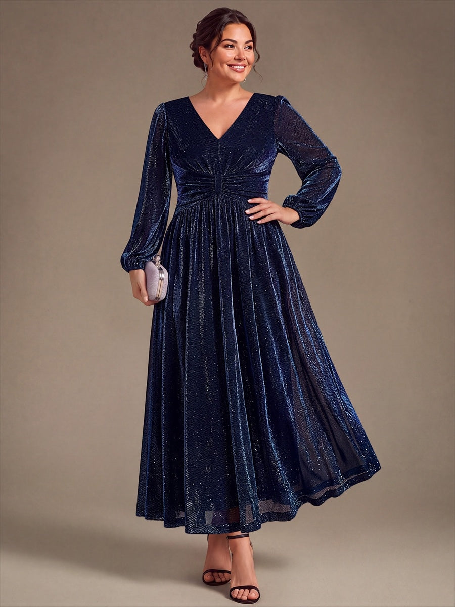 Robe maxi à manches longues en V avec manches bouffantes et coupe évasée en tissu extensible #Couleur_Bleu Marine