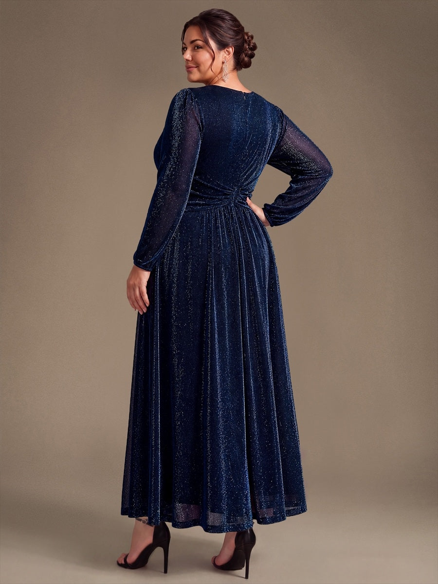 Robe maxi à manches longues en V avec manches bouffantes et coupe évasée en tissu extensible #Couleur_Bleu Marine