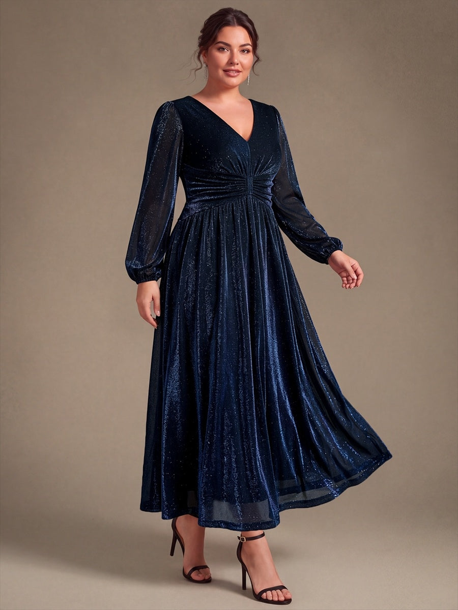 Robe maxi à manches longues en V avec manches bouffantes et coupe évasée en tissu extensible #Couleur_Bleu Marine