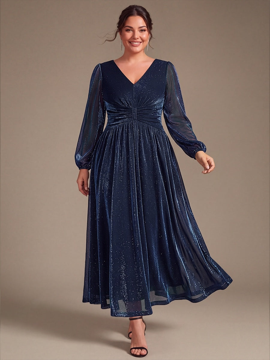Robe maxi à manches longues en V avec manches bouffantes et coupe évasée en tissu extensible #Couleur_Bleu Marine