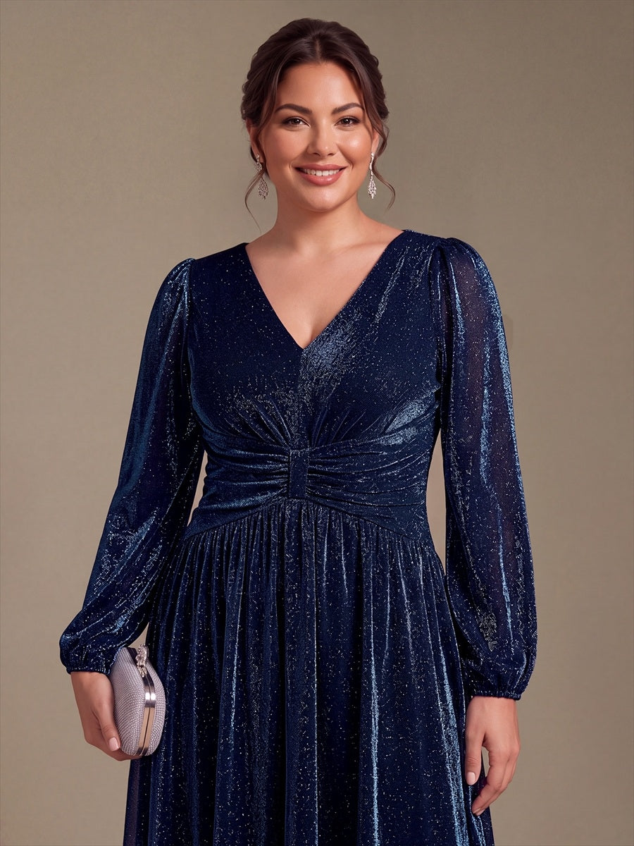Robe maxi à manches longues en V avec manches bouffantes et coupe évasée en tissu extensible #Couleur_Bleu Marine