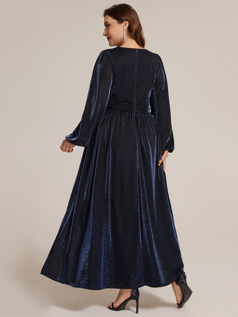 Robe maxi à manches longues en V avec manches bouffantes et coupe évasée en tissu extensible #Couleur_Bleu Marine