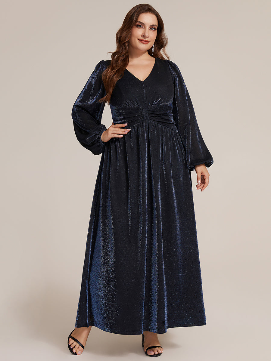 Robe maxi à manches longues en V avec manches bouffantes et coupe évasée en tissu extensible #Couleur_Bleu Marine