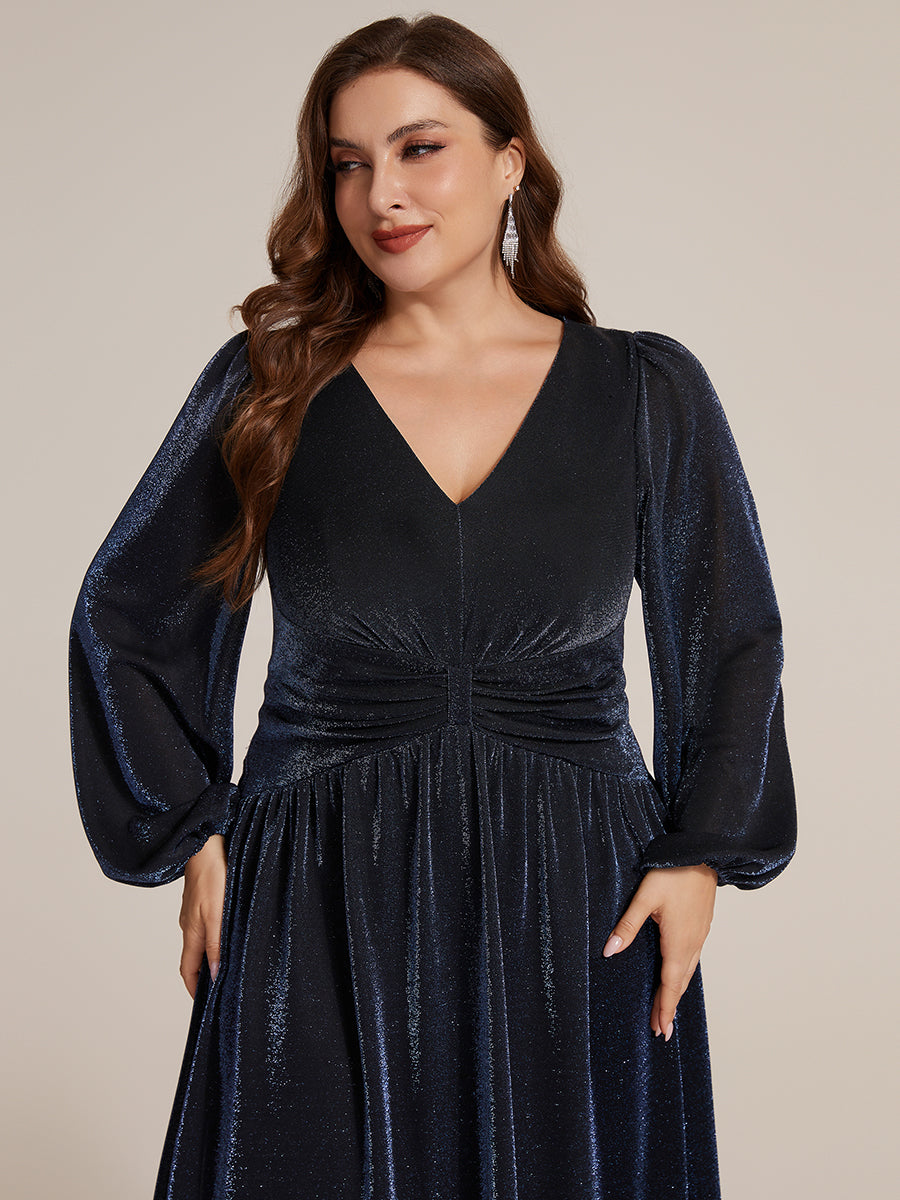 Robe maxi à manches longues en V avec manches bouffantes et coupe évasée en tissu extensible #Couleur_Bleu Marine