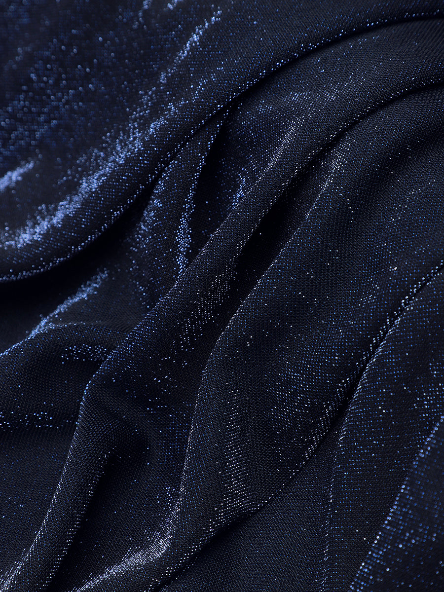 Robe maxi à manches longues en V avec manches bouffantes et coupe évasée en tissu extensible #Couleur_Bleu Marine