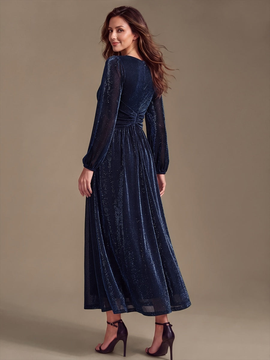 Robe maxi à manches longues en V avec manches bouffantes et coupe évasée en tissu extensible #Couleur_Bleu Marine