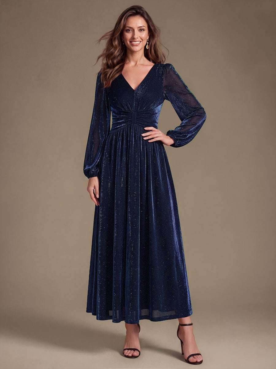 Robe maxi à manches longues en V avec manches bouffantes et coupe évasée en tissu extensible #Couleur_Bleu Marine