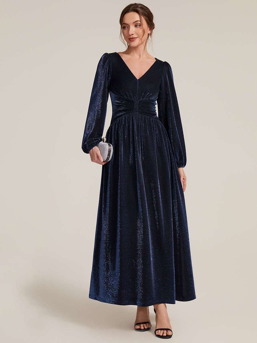 Robe maxi à manches longues en V avec manches bouffantes et coupe évasée en tissu extensible #Couleur_Bleu Marine