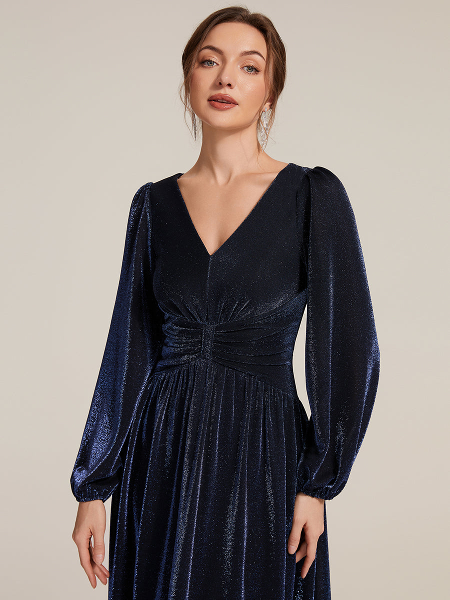 Robe maxi à manches longues en V avec manches bouffantes et coupe évasée en tissu extensible #Couleur_Bleu Marine