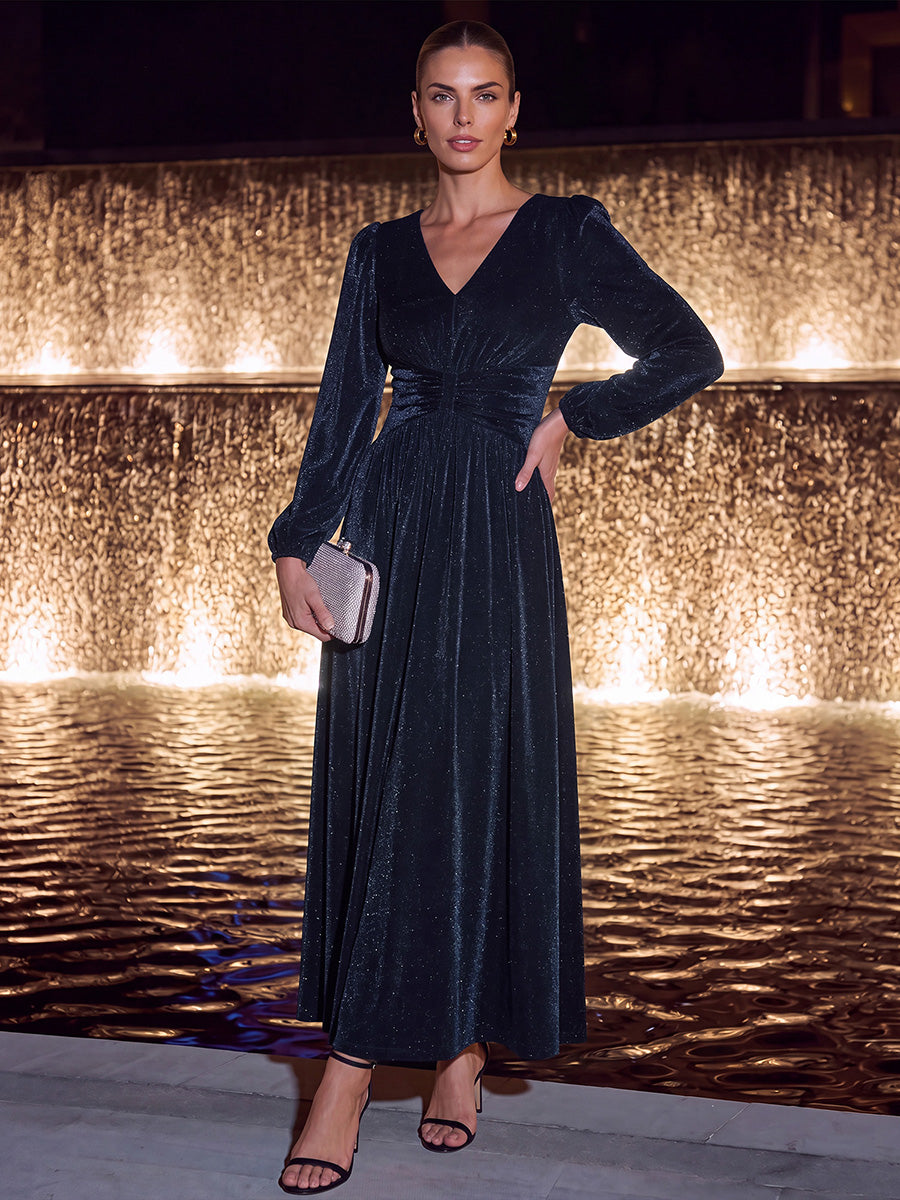 Robe maxi à manches longues en V avec manches bouffantes et coupe évasée en tissu extensible #Couleur_Bleu Marine