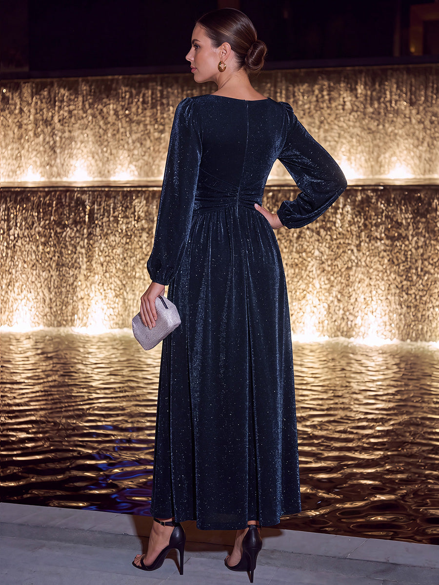 Robe maxi à manches longues en V avec manches bouffantes et coupe évasée en tissu extensible #Couleur_Bleu Marine